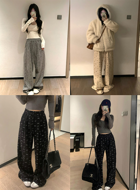 Adan蝴蝶结加绒卫裤冬季新款韩系可爱宽松高腰显瘦休闲阔腿裤女