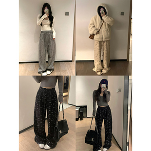 韩系可爱宽松高腰显瘦休闲阔腿裤 新款 女 冬季 Adan蝴蝶结加绒卫裤