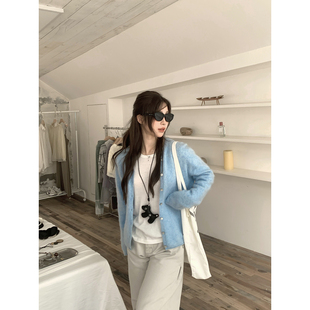 DDang 韩女拉毛毛衣开衫秋冬韩系宽松显瘦显白短款羊毛针织衫女