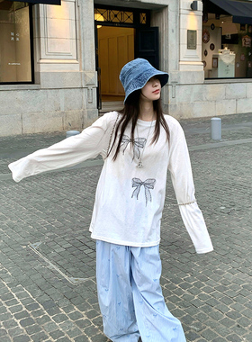 Adan 蝴蝶结防晒衫夏季休闲韩系宽松百搭圆领印花轻薄长袖T恤女