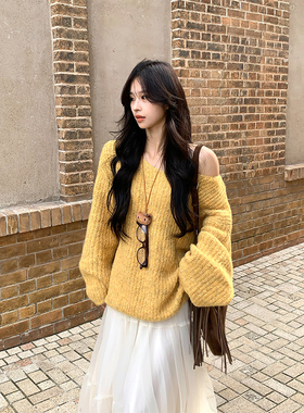 Adan 斜领软糯毛衣2025秋季韩系宽松显白显瘦软糯羊毛针织上衣女