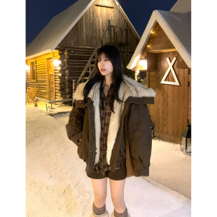 Adan仿羊羔毛大翻领棉服冬季 外套女 复古韩系休闲加厚保暖廓形工装