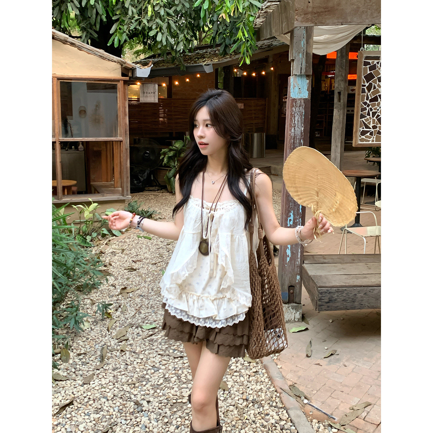 Adan两件套碎花蕾丝上衣夏季韩系甜美显瘦绑带罩衫印花内搭吊带女