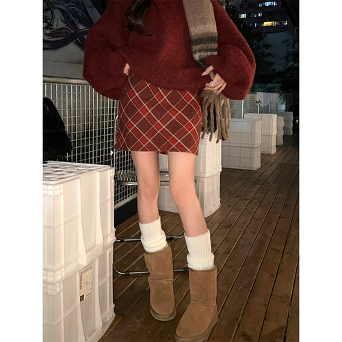 Adan酒红色格纹呢料短裙冬季复古韩版修身显瘦百搭防走光A字裙女
