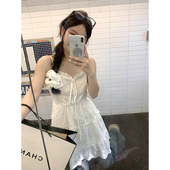 显瘦百搭白色蕾丝提花A字连衣裙 花边吊带裙韩版 Adan 叠穿神器