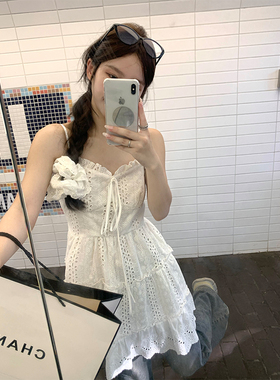 Adan“叠穿神器”花边吊带裙韩版显瘦百搭白色蕾丝提花A字连衣裙