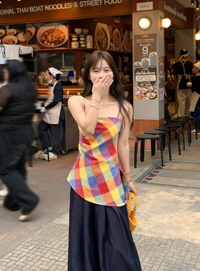 Adan 多巴胺格纹吊带夏季韩系收腰显瘦气质设计感叠穿无袖上衣女