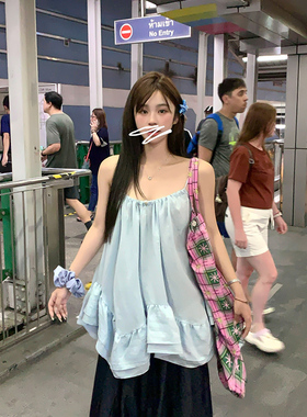 Adan 蓝色荷叶边吊带夏季韩系宽松显瘦气质设计感无袖短款上衣女