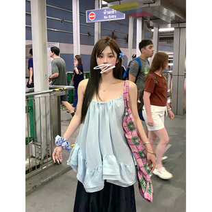 短款 韩系宽松显瘦气质设计感无袖 上衣女 蓝色荷叶边吊带夏季 Adan