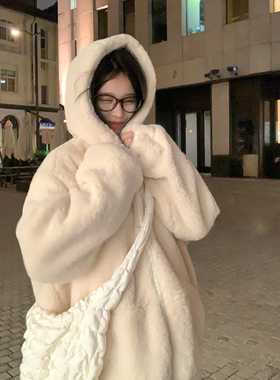 Adan 连帽仿羊羔毛外套冬季韩系宽松加厚防风夹棉软糯棉服外套女