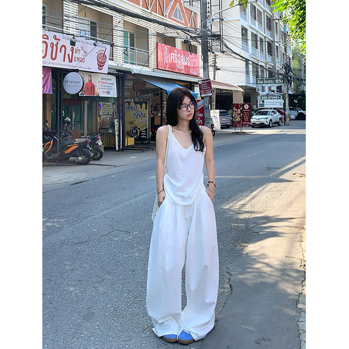Adan 白色阔腿裤女夏季韩系高腰显瘦宽松百搭不透视慵懒山本裤女
