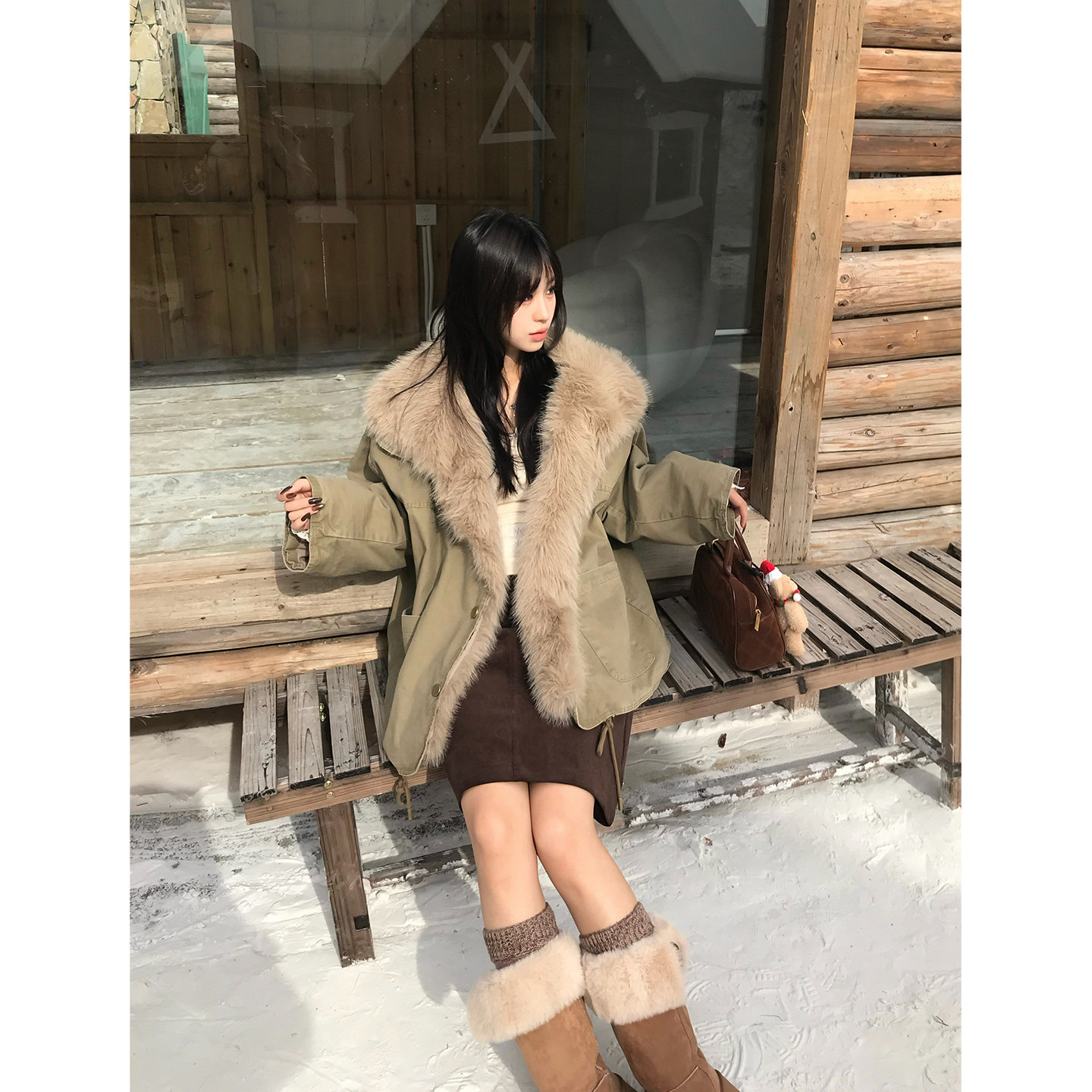 Adan仿皮草派克棉服2025冬季复古韩系宽松加厚保暖慵懒毛领外套女