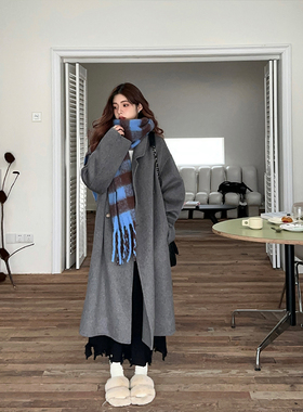 Adan手工灰色大衣女温柔系韩版宽松双排扣双面呢羊毛中长款外套