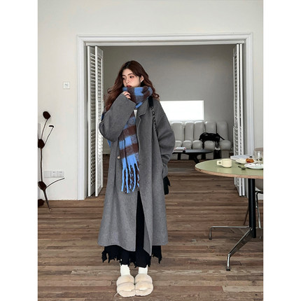 Adan灰色手工大衣温柔系韩版宽松双排扣双面呢羊毛中长款外套女