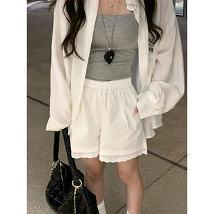 高腰显瘦百搭刺绣设计感通勤直筒裤 夏季 女 叠穿神器花边短裤 Adan