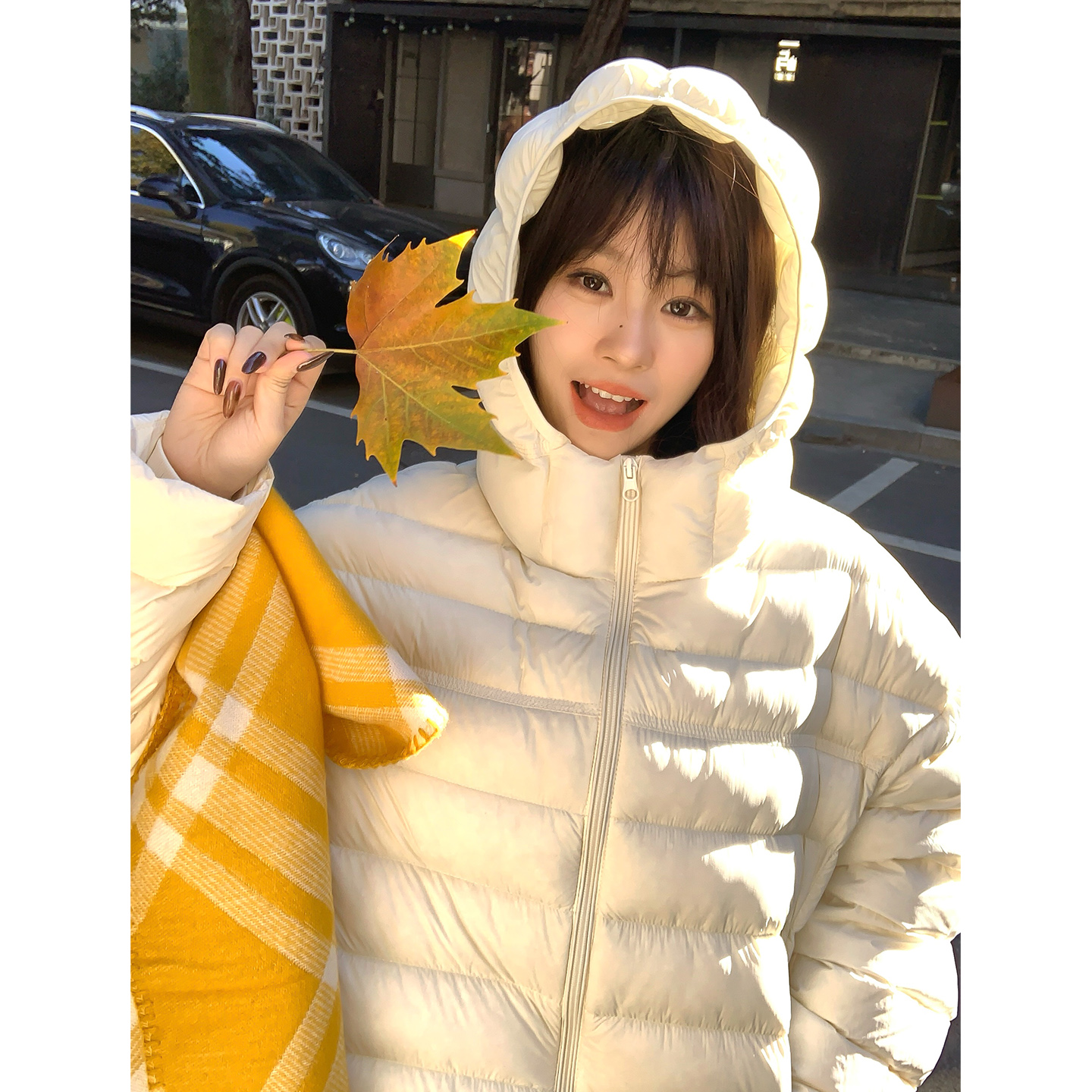 Adan白色排骨连帽羽绒服2025冬季韩系休闲慵懒短款90白鸭绒外套女