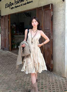 Adan波浪印花荷叶边吊带裙夏季复古显瘦设计感中长款雪纺连衣裙女