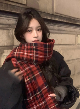 Adan圣诞红色围巾冬季加厚情侣韩版新年百搭氛围复古格纹围脖披肩