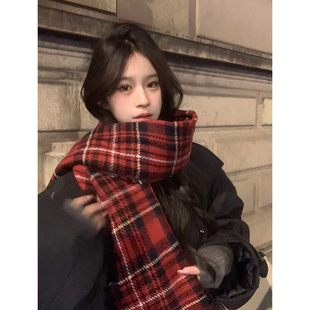 Adan圣诞红色围巾冬季 新年百搭氛围复古格纹围脖披肩 加厚情侣韩版