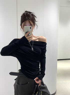 Adan 黑色斜肩上衣春秋韩版修身显瘦百搭气质性感长袖两穿上衣女