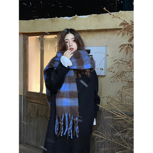 加厚保暖拼色仿羊绒流苏围脖女 韩版 Adan马海毛格纹围巾冬季 新款