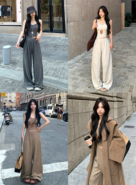 Adan吊带针织套装秋季韩系收腰显瘦百搭内搭上衣吊带高腰阔腿裤女