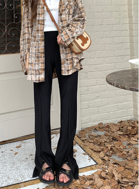 Adan 黑色高弹开衩裤春秋韩版高腰显瘦百搭休闲垂感拖地直筒裤女