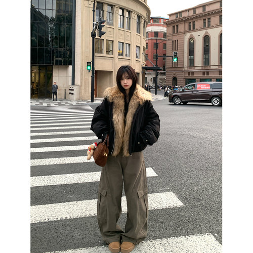 Adan可拆卸貉子毛领皮草派克服90白鸭绒羽绒服女冬季韩系毛毛外套