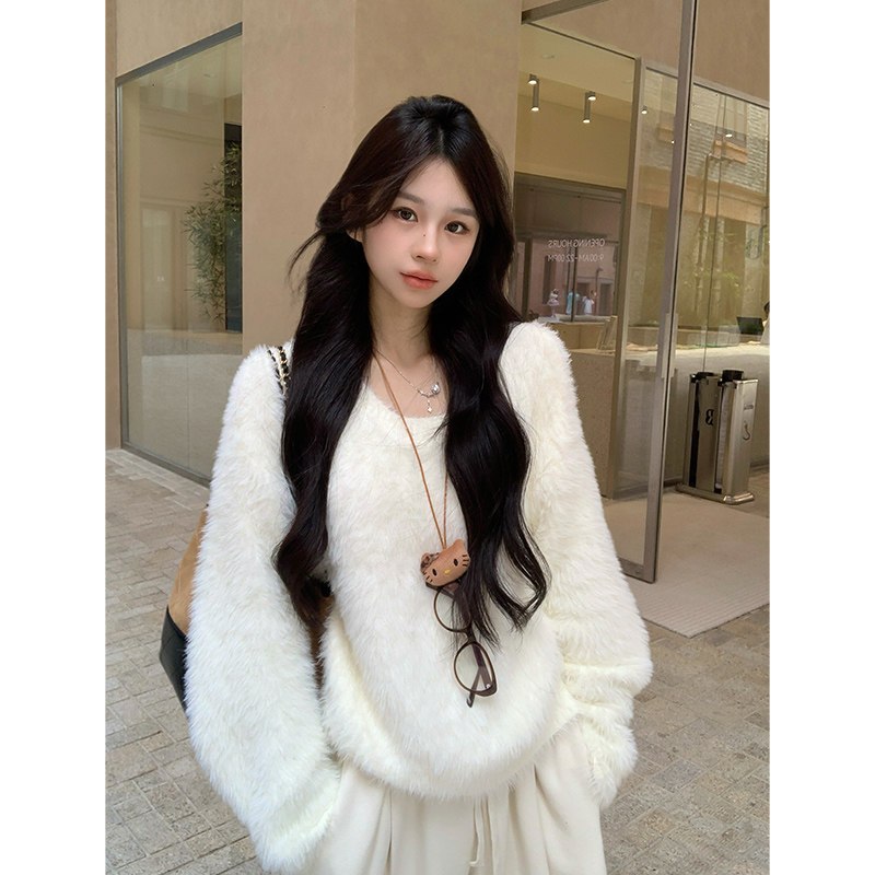 Adan仿水貂毛圆领短毛衣秋季韩系宽松百搭慵懒软糯内搭打底上衣女,女装/女士精品,毛针织衫,淘宝优惠券,粉丝福利购,淘宝优惠卷