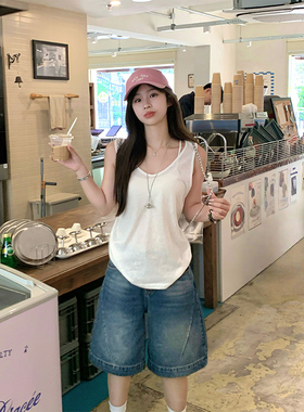 Adan工字竹节棉背心夏季韩系宽松休闲百搭慵懒基础无袖内搭吊带女