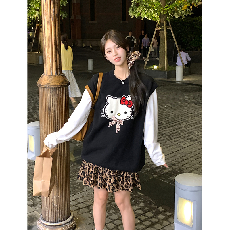 Adan黑色Kitty毛衣马甲秋冬加厚软糯圆领慵懒休闲豹纹内搭大衣女
