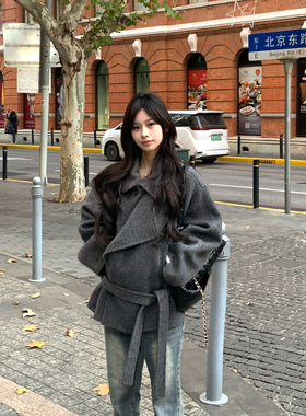 Adan短款绑带双面呢大衣2025冬季韩系复古宽松百搭气质羊毛外套女