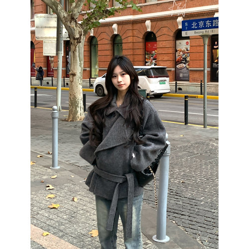 Adan短款绑带双面呢大衣2025冬季韩系复古宽松百搭气质羊毛外套女