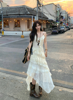 Adan 串珠荷叶边连衣裙夏季新款不规则收腰气质修身A字吊带裙女