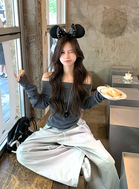 Adan灰色斜领露肩针织衫秋季韩系修身显瘦气质长袖羊毛长袖上衣女