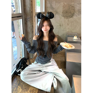 羊毛长袖 Adan灰色斜领露肩针织衫 显瘦气质长袖 韩系修身 上衣女 秋季