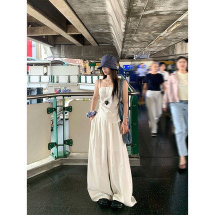 Adan 工装风薄款套装夏季韩系休闲收腰显瘦吊带宽松慵懒阔腿裤女