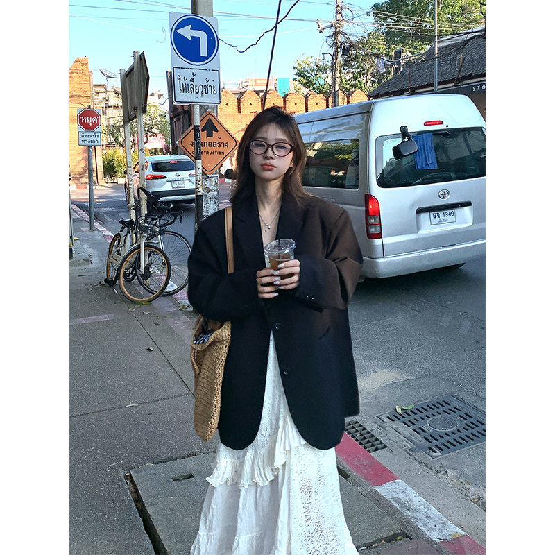 Adan 黑色西装春季新款宽松百搭廓形高级感休闲小个子长袖西服女