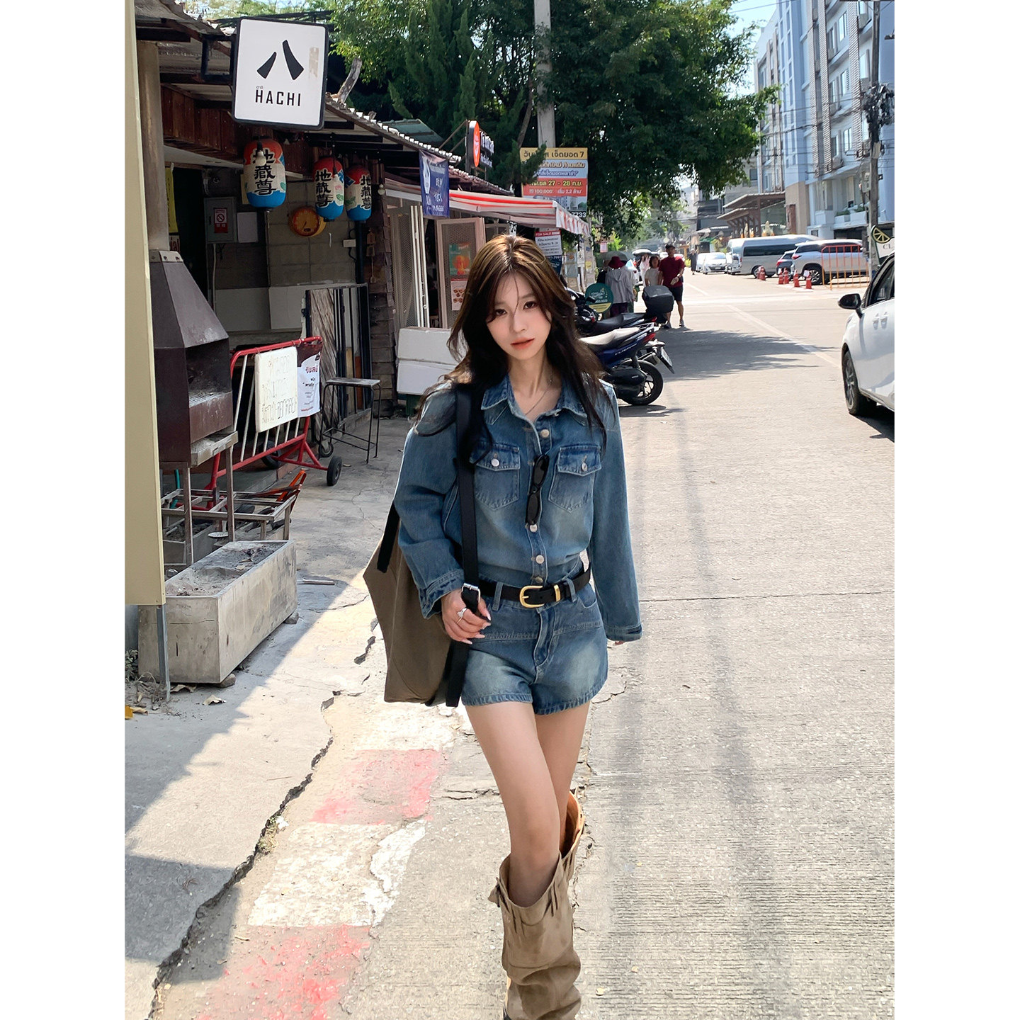 Adan 牛仔衬衫短裤套装春夏老钱风韩系休闲显瘦外套A字牛仔裤女