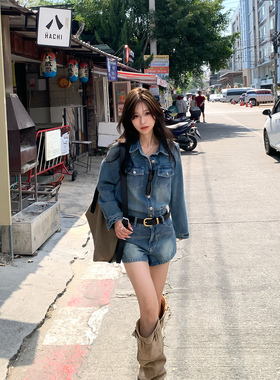 Adan 牛仔衬衫短裤套装春夏老钱风韩系休闲显瘦外套A字牛仔裤女