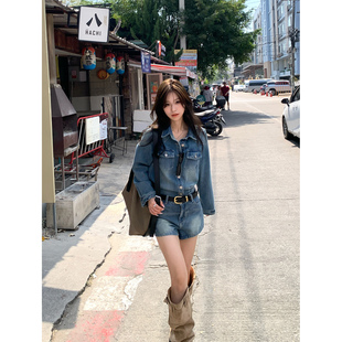 Adan 牛仔衬衫短裤套装春夏老钱风韩系休闲显瘦外套A字牛仔裤女