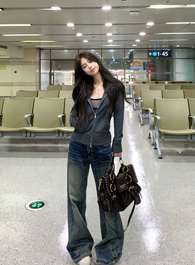 Adan复古微喇阔腿裤秋季韩系宽松显瘦百搭中低腰休闲磨破牛仔裤女