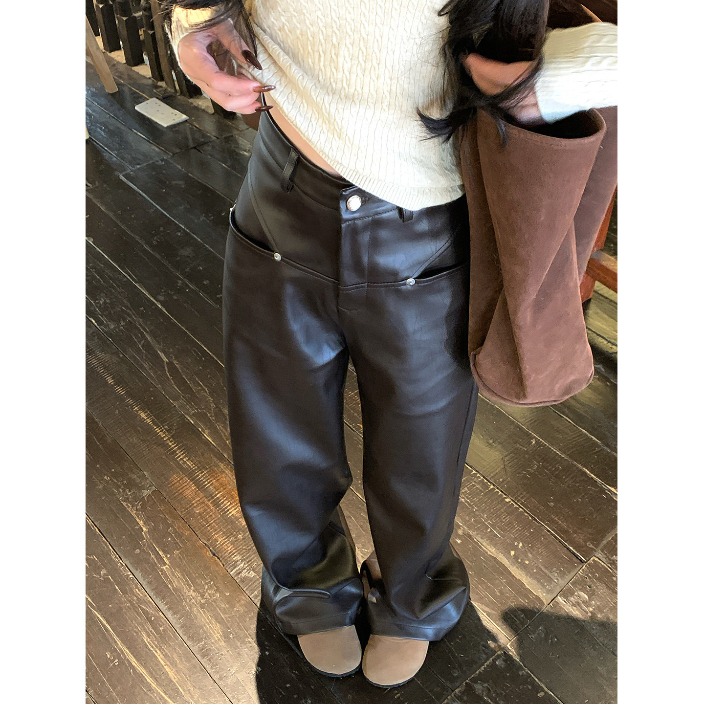 Adan铆钉皮裤2025秋冬韩系复古高腰显瘦防风休闲百搭通勤阔腿裤女,女装/女士精品,皮裤,淘宝优惠券,粉丝福利购,淘宝优惠卷