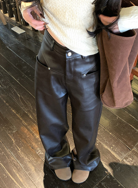 Adan铆钉皮裤2025秋冬韩系复古高腰显瘦防风休闲百搭通勤阔腿裤女