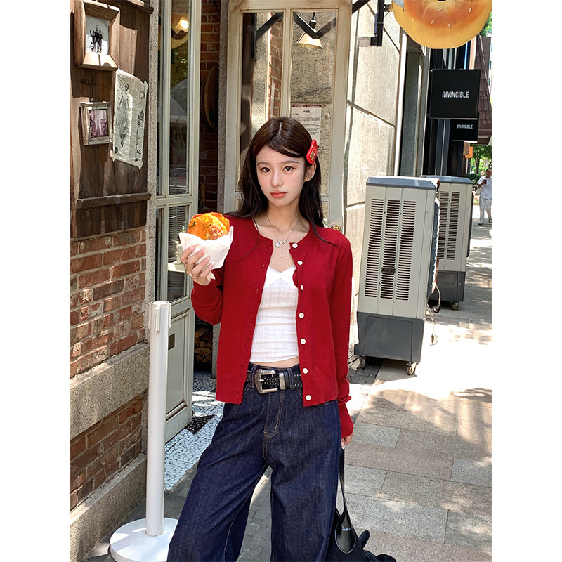 DDang 安可拉红色羊毛针织开衫秋季韩版显瘦通勤百搭打底上衣女