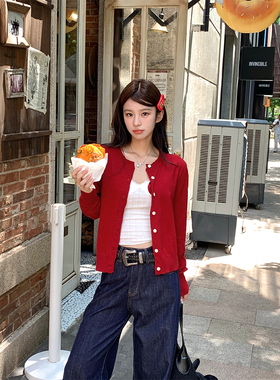 Adan安可拉红色羊毛针织开衫春季韩版显瘦显白通勤百搭打底上衣女