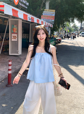 Adan 元气蓝色格纹吊带夏季韩系慵懒宽松休闲显瘦显白短款上衣女
