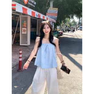 韩系慵懒宽松休闲显瘦显白短款 气蓝色格纹吊带夏季 上衣女 元 Adan