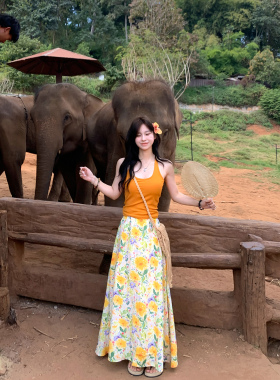 Adan黄色碎花半身裙春夏韩系小清新撞色高腰显瘦绑带度假A字裙女