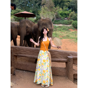 Adan黄色碎花半身裙春夏韩系小清新撞色高腰显瘦绑带度假A字裙女